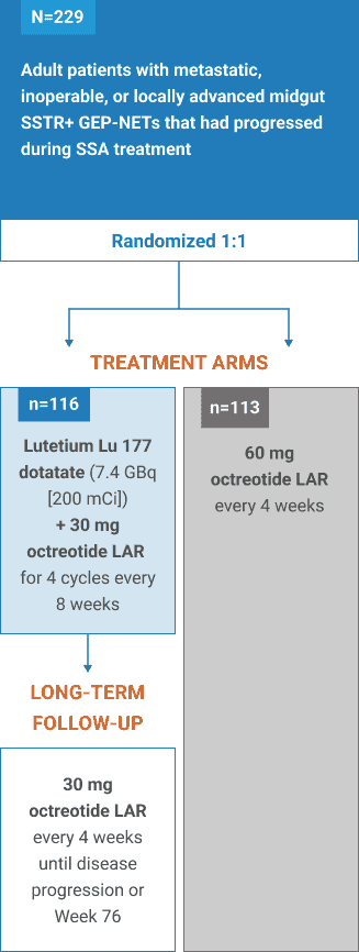 NETTER-1 study design diagram comparing lutetium lu 177 dotatate plus 30 mg octreotide LAR (n=116) with 30 mg octreotide LAR alone (n=113) in 229 patients with metastatic SSTR+ GEP-NETs that had progressed during SSA treatment.